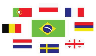 Ülke bayrakları seti, Brasil, Portekiz, Belçika, İsveç, Fransa, Gürcistan, Hollanda, Polonya ve Ermenistan. Dijital vektör görüntüsü