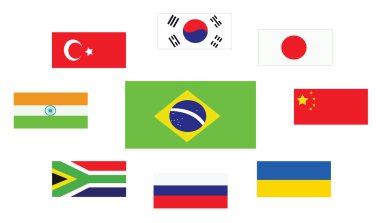 Ülke bayrakları seti, Brasil, Güney Kore, Türkiye, Japonya, Çin, Ukrayna, Rusya, Güney Afrika ve Hindistan. Dijital vektör görüntüsü