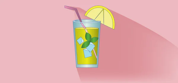 A lemonade cocktail glass with straw, mint and lemon slice design over pink background, flat style. Digital image vector — Stock Vector