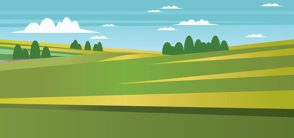 Abstract landscape with green fields, trees and clouds. Digital vector image