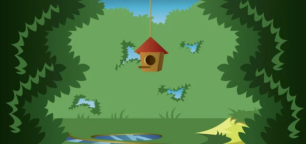 Paisagem abstrata com uma gaiola para pássaros em um prado na floresta. Imagem vetorial digital — Vetor de Stock