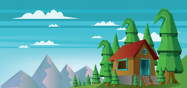 Paesaggio astratto con una casa nella foresta e montagne con nuvole bianche. Immagine vettoriale digitale — Vettoriale Stock