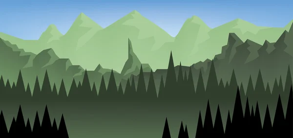 Paisaje abstracto con un bosque oscuro y campos verdes con montañas. Imagen vectorial digital — Vector de stock