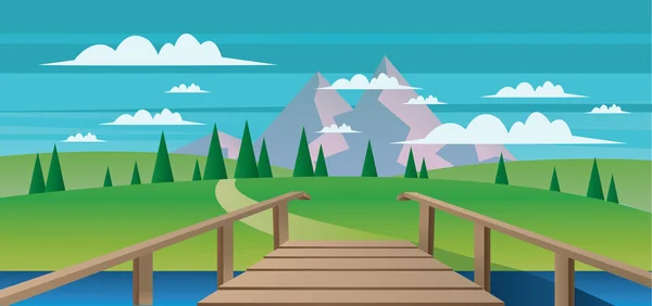 Paisagem abstrata com um rio, ponte de madeira e campos verdes com montanhas. Imagem vetorial digital — Vetor de Stock