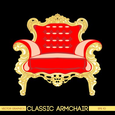 Koyu arka plan üzerinde kırmızı ve sarı klasik koltuk. Dijital vektör görüntü