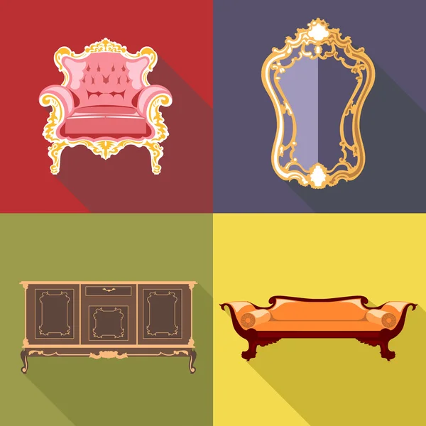 Sala de estar decoración del hogar icono conjunto, de estilo plano. Imagen vectorial digital — Vector de stock