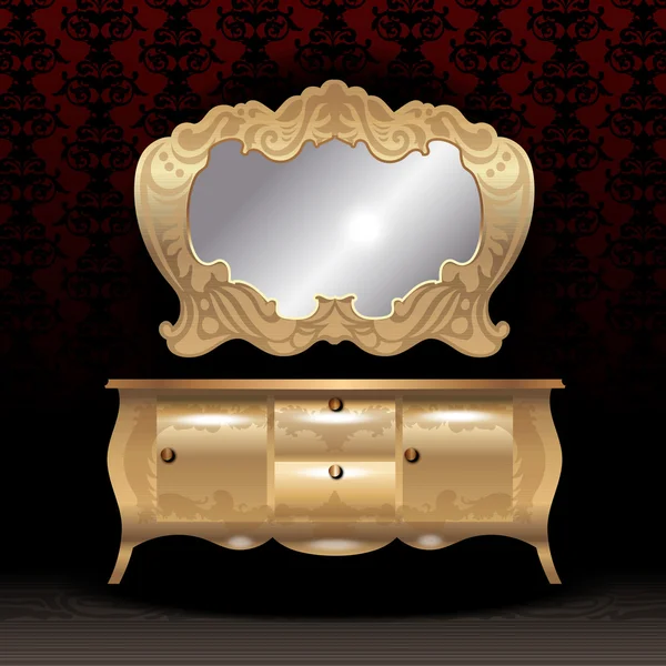 Golden royal lustro i biurko, płaski nad ciemnym czerwonym tle. Obraz cyfrowy wektor — Wektor stockowy
