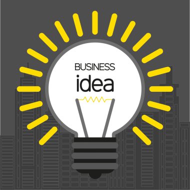 Ampul ve şehir binaları simgeleri, düz tasarım ile iş fikri tasarımı. Dijital vektör görüntüsü