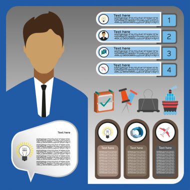 Kişi, gemi ve iş fikri, düz tasarım ile iş elemanları infografik. Dijital vektör görüntüsü