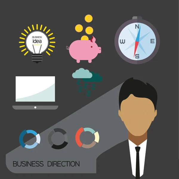 Infographie de direction d'entreprise avec des icônes, des personnes et de l'argent, design plat. Image vectorielle numérique — Image vectorielle