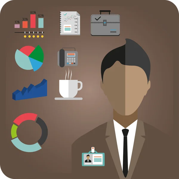 Ενημερωτικό διάγραμμα επιχειρηματικής ιδέας με εικονίδια, πρόσωπο, τηλέφωνο, καφέ και διαγράμματα, επίπεδη σχεδίαση. Ψηφιακή διανυσματική εικόνα — Διανυσματικό Αρχείο