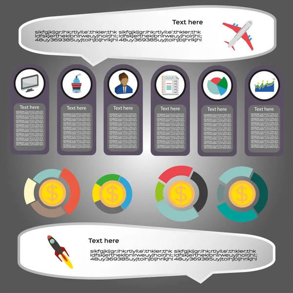 Obchodní prvky infografika s ikonami, grafy a penězi, plochý design. Digitální vektorový obraz — Stockový vektor