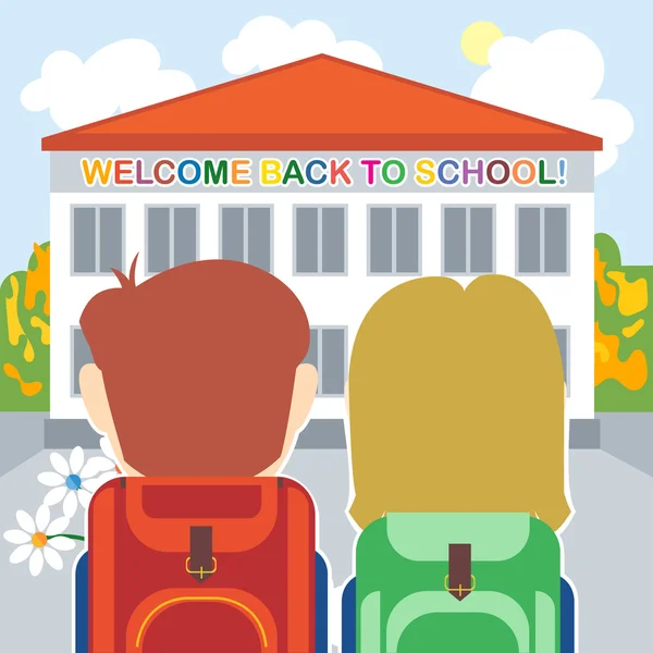 Bienvenido de nuevo a la tarjeta de la escuela con un niño, una niña y flores en frente del edificio. Imagen vectorial digital — Archivo Imágenes Vectoriales