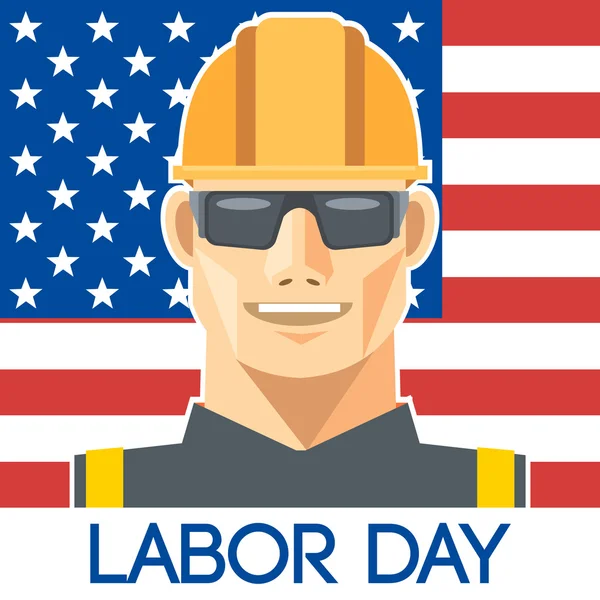 Den práce design, s pracovník s ochrannou přilbu a brýle za vlajku Spojených států amerických. Digitální vektorový obrázek — Stockový vektor
