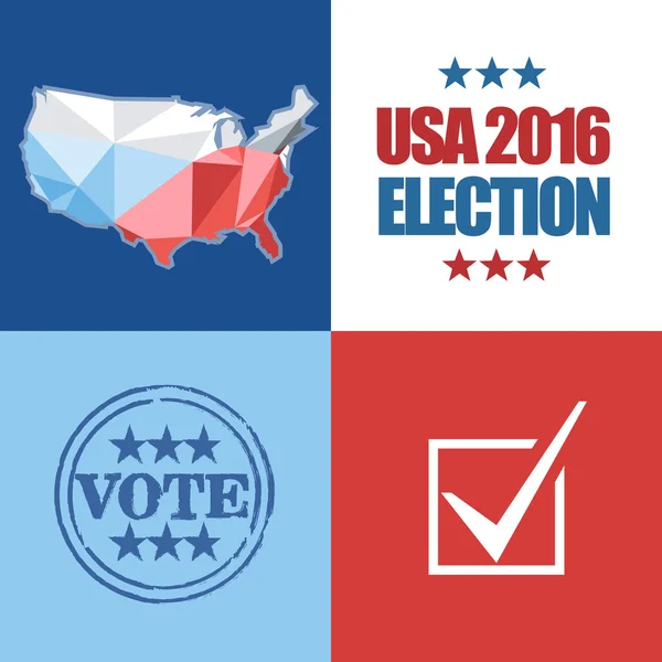 Κάρτα εκλογές ΗΠΑ 2016 με χάρτη της χώρας, ψηφοφορία σφραγίδα και το πλαίσιο ελέγχου. Ψηφιακή διανυσματική εικόνα — Διανυσματικό Αρχείο