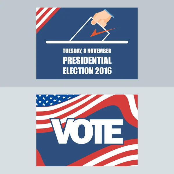 EE.UU. 2016 tarjeta electoral con mano de hombre con boleta electoral. Imagen vectorial digital — Vector de stock
