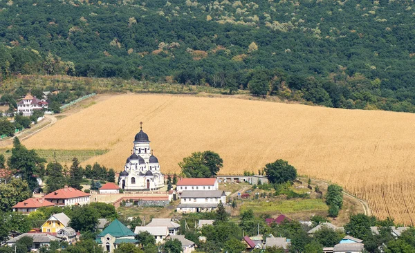 Landscape view with Capriana Monastery and the village in Moldova — Stock Photo, Image