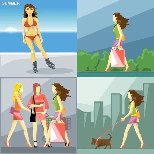 Ψηφιακή διάνυσμα καλοκαίρι δραστηριότητα κορίτσι και γυναίκα — Διανυσματικό Αρχείο