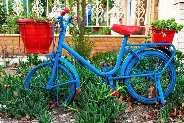 Rode Blauwe Fiets Met Groen Achtergrond — Stockfoto