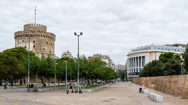 Thessaloniki Grecia Septiembre 2020 Calle Con Sociedad Estudios Macedonios Torre — Foto de Stock