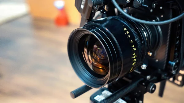 Professional movie camera lens on a movie set