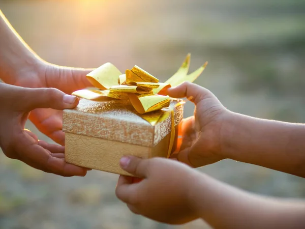 Niño Niño Sostienen Una Caja Regalo Con Cinta Dorada Poniéndose —  Fotos de Stock