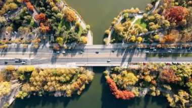 Titan parkında hareket halindeki arabalarla gölün üzerinde bir yol, birden fazla yeşillik. İHA, Bükreş ve Romanya 'dan görüntü
