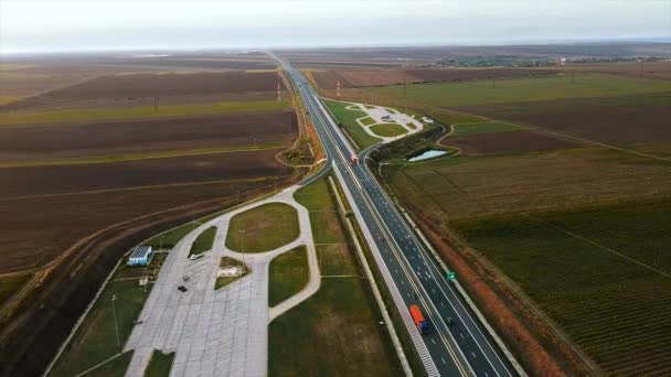 Motorway Sun Moving Cars Parking Side Road Fields View Drone — Stock Video