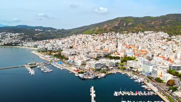 Aerial view of Kavala, a lot of buildings, Aegean sea coast, sea port, green hills in the distance, Greece — Stock Video