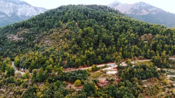 Een heuvel bedekt met weelderig groen, bomen en struiken, een weg er overheen, Thassos, Griekenland — Stockvideo