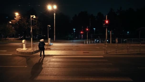 BUCHAREST, ROMÁNIA - NOVEMBER 21, 2020: Nő halad át az utcán éjszaka, autók indulnak, éjszakai lámpák — Stock videók