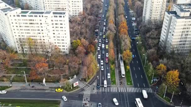 BUCHAREST, ROMANIA - DECEMBER 9, 2020: Crossroad with moving cars, people crossing the street, trams, bare trees and residential buildings, view from a drone, panorama — Stock Video