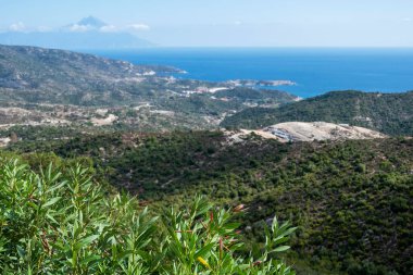 Yeşil tepeli Ege kıyıları, ön planda çalılar, arka planda bulutlara ulaşan yüksek dağlı sahile yakın binalar, Yunanistan