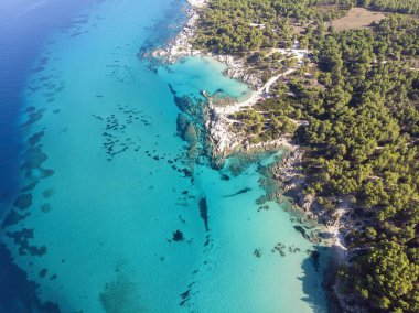 Mavi şeffaf suyla Ege kıyıları, etrafındaki yeşillikler, kayalar, çalılar ve ağaçlar, insansız hava aracı Yunanistan 'ın manzarası