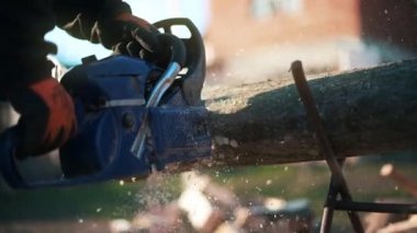 Eldivenli adam elektrikli testere kullanarak odun kesiyor. Yakın görünüm