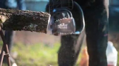 Eldivenli adam elektrikli testere kullanarak odun kesiyor. Yakın görünüm