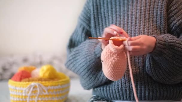 Woman Gray Sweatshirt Knitting Toy Using Hooks Pink Yarn — Stock Video