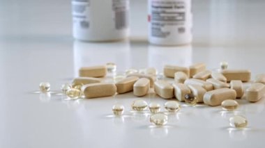 Masada iki şişenin yanında bir sürü vitamin hapı var. Sağlık iyileştirme fikri