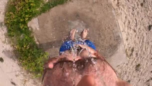 Caucasian Man Taking Shower Beach First Person View Slow Motion — Stock Video