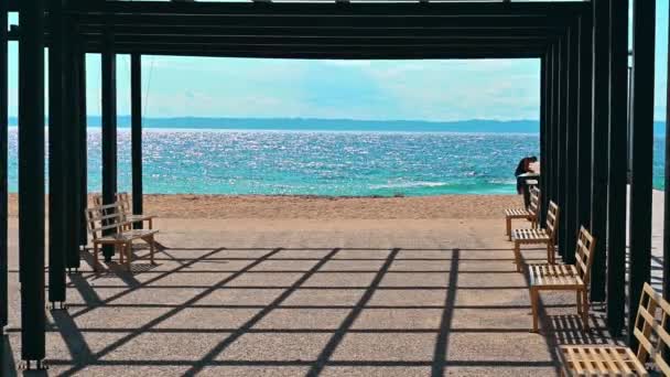 Gazebo Pier Black Metal Posts Benches Aegean Sea Nikiti Greece — Stock Video