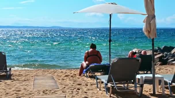 Nikiti ギリシャ 2020年10月5日 傘とサンベッド 休息のカップル 水の近くの岩とエーゲ海沿岸のビーチ — ストック動画