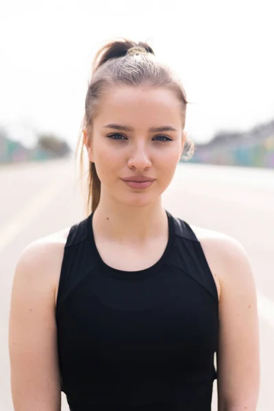 Young Blonde Woman Sportswear Outdoors Training Portrait Road — Stock Photo, Image