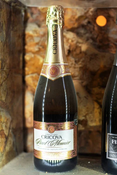 Cricova Moldova April 2021 Dusty Champagne Bottle Stand Winery — Stock Photo, Image