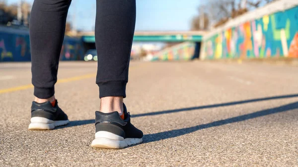 Male Legs Running Pants Shoes Road — Stock Photo, Image