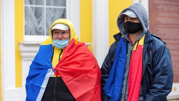 Chisinau Moldova April 2021 Two Men Medical Masks Hoods National — Stock Photo, Image