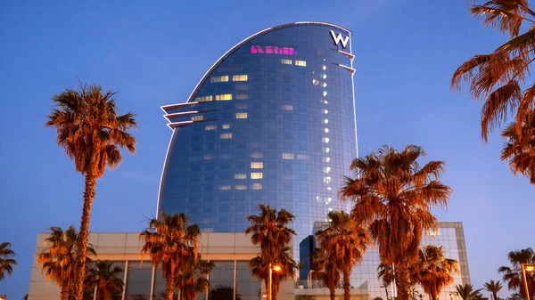 Barcelona Spain June 2021 Hotel Mediterranean Sea Coast Sunset Palms — стокове фото