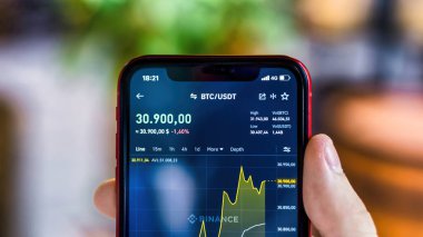 CHISINAU, MOLDOVA - 19 Haziran 2021: Bitcoin fiyatıyla akıllı telefon tutan adam