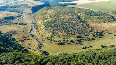 Yüzen nehri, Moldova 'daki orman, tarla ve ovalarla kaplı tepe yamaçları olan bir vadinin hava aracı görüntüsü.
