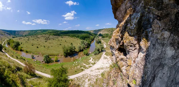 Повітряний Дрон Панорамний Вид Долину Плаваючою Річкою Каменем Передньому Плані — стокове фото
