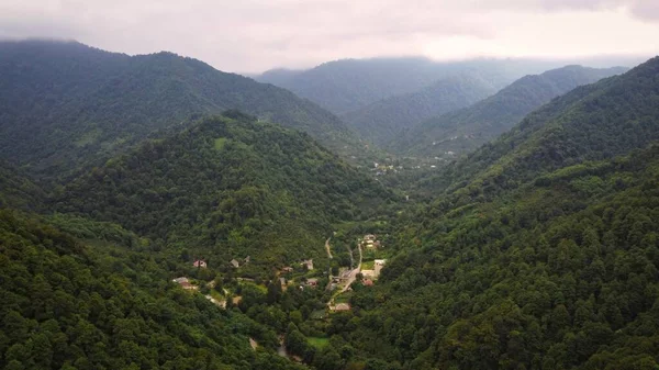 Vue Aérienne Par Drone Nature Géorgie Vallée Avec Rivière Village — Photo